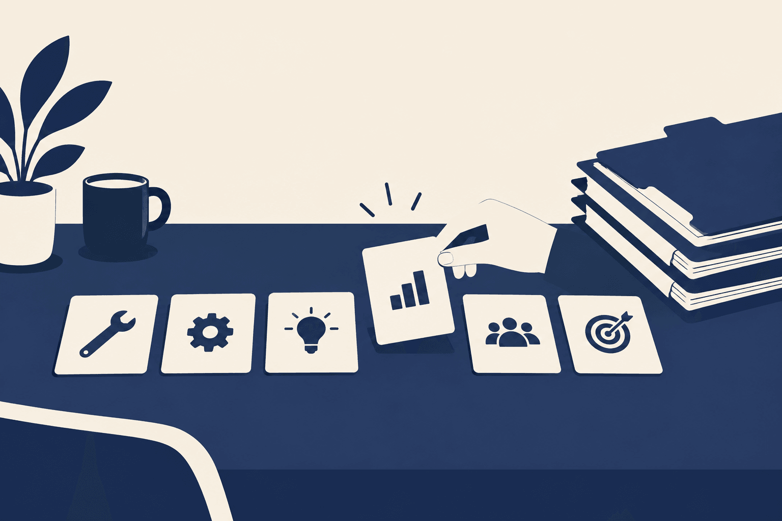 Illustration: Six simple tool cards in a row on a desk, one lifted slightly above the others, beside a small stack of client folders
