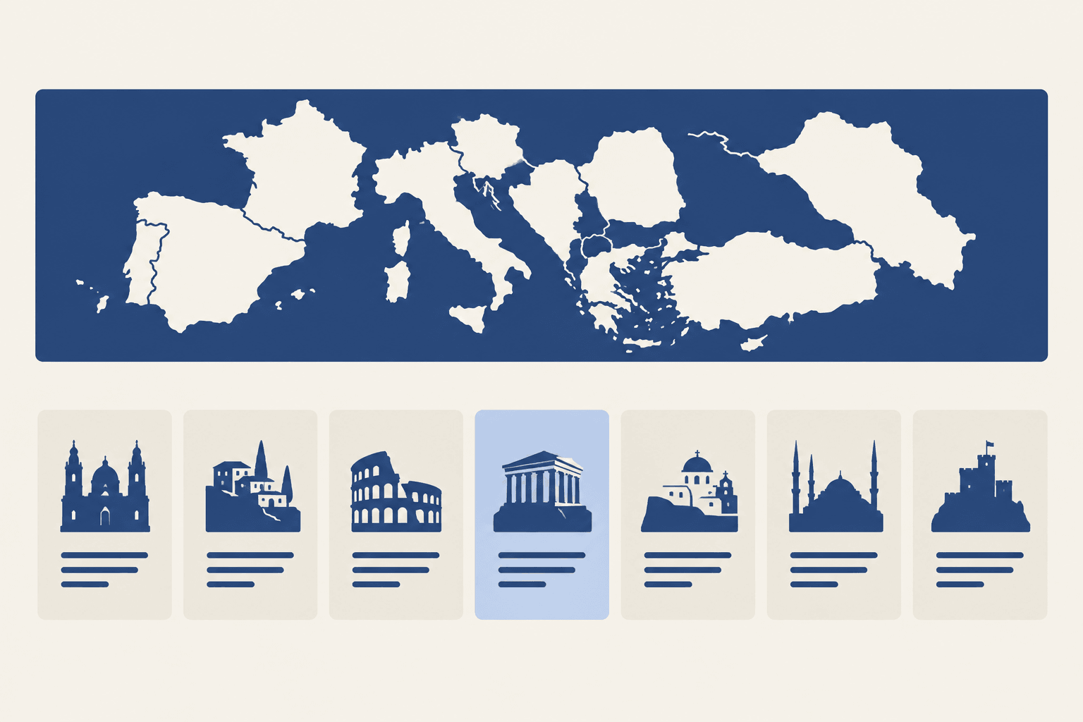 Illustration: A row of seven simple cards under a map strip of several countries, with one card gently highlighted