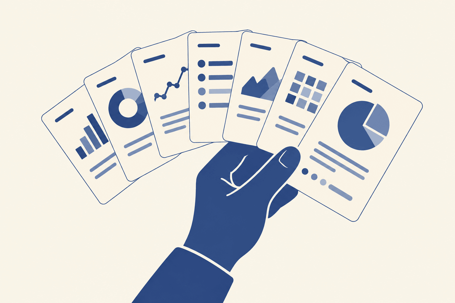 Illustration: Seven simple dashboard cards fanned out like a hand of cards, one of them held open toward a viewer