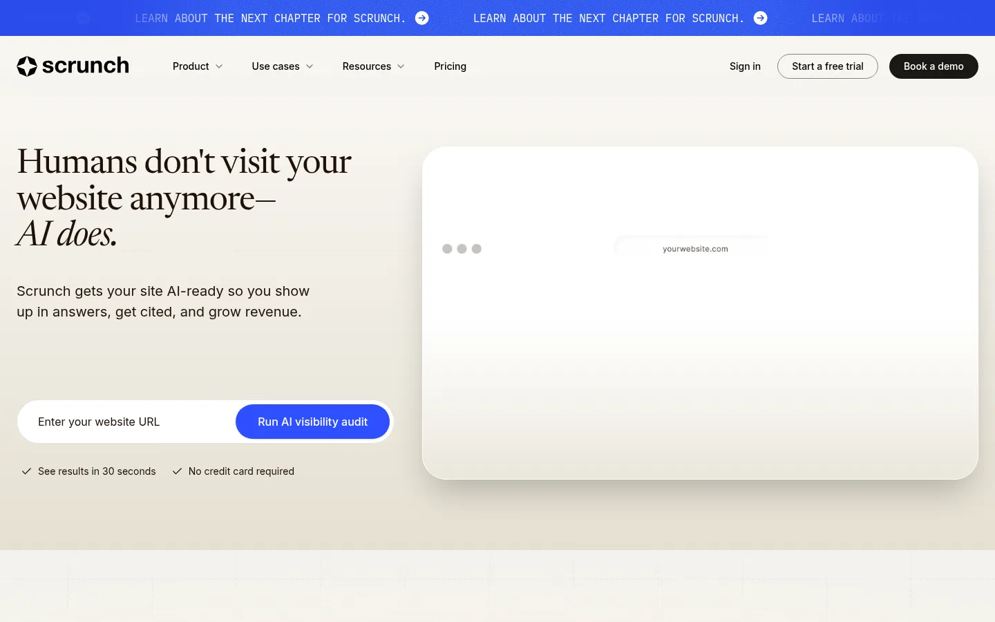 Scrunch AI homepage, AI-ready pages served to AI agents