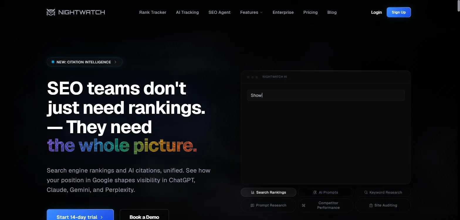 Nightwatch homepage, AI tracking on top of rank tracking data