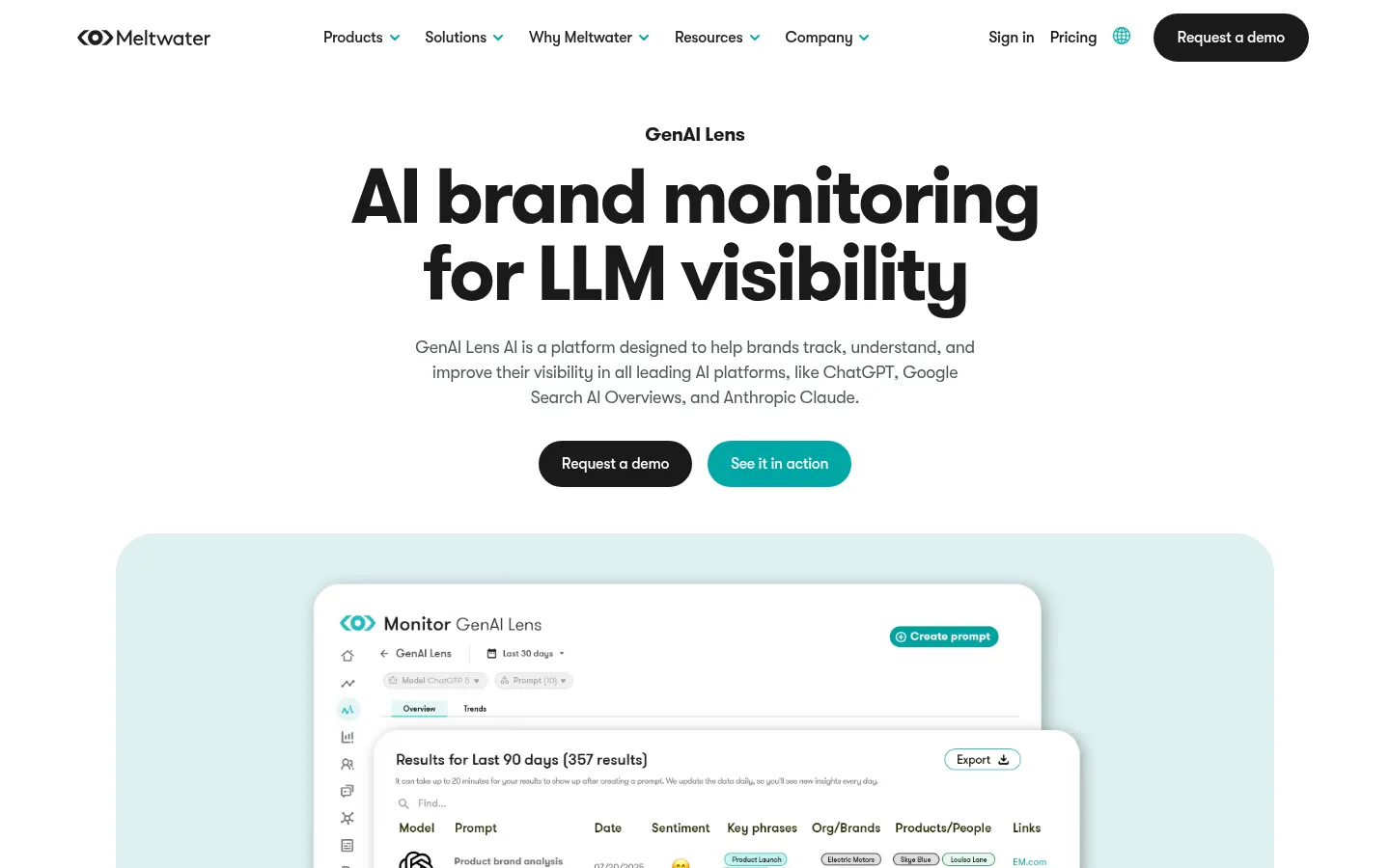 Meltwater GenAI Lens page, AI brand monitoring beside news and social