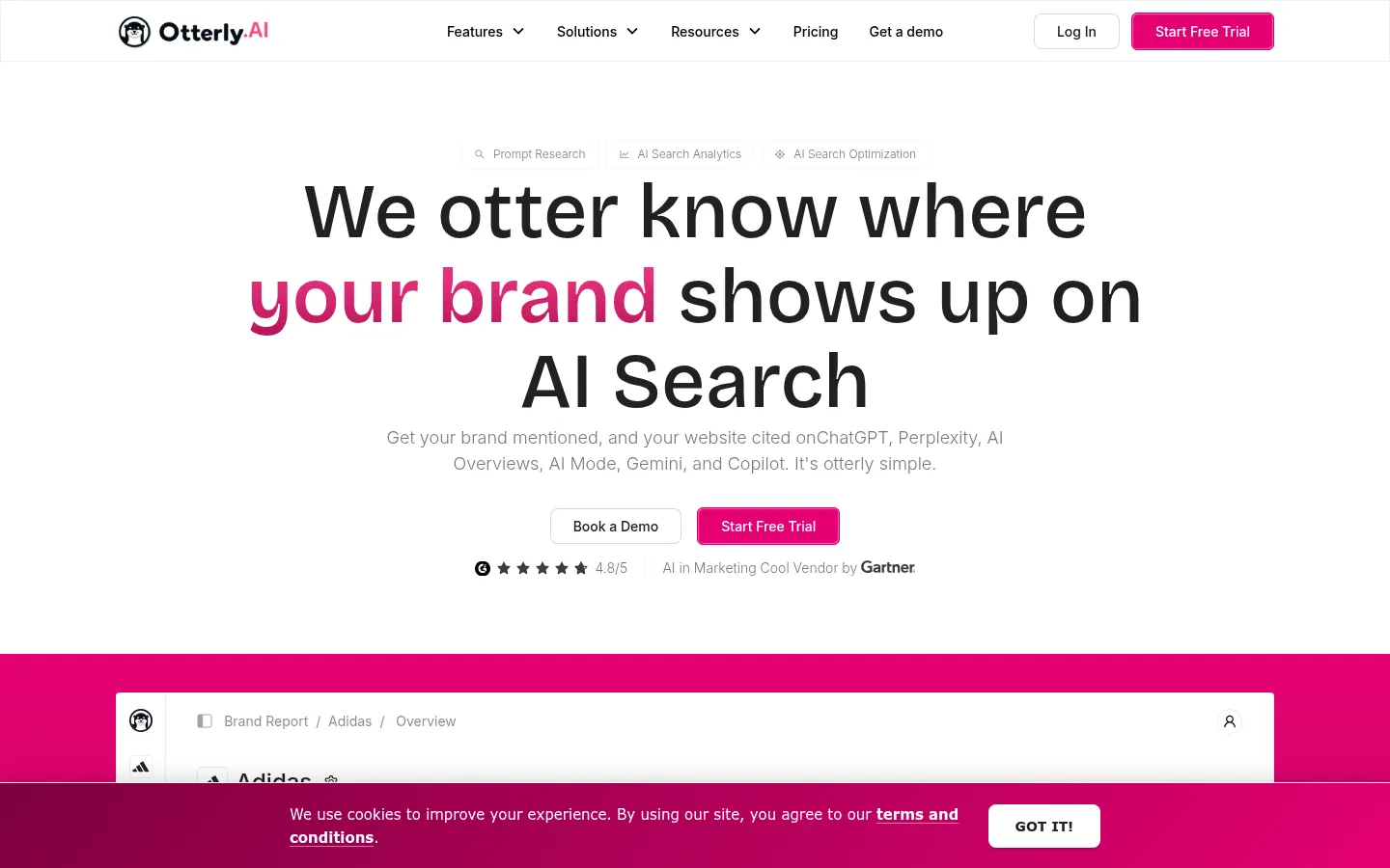 Otterly.AI homepage, AI search monitoring with workspaces