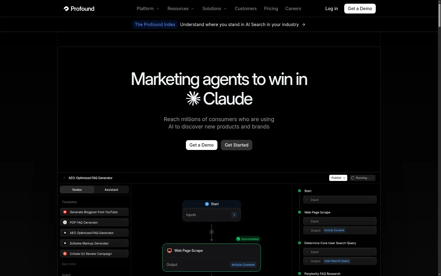 Profound homepage, AI visibility platform with separate client workspaces