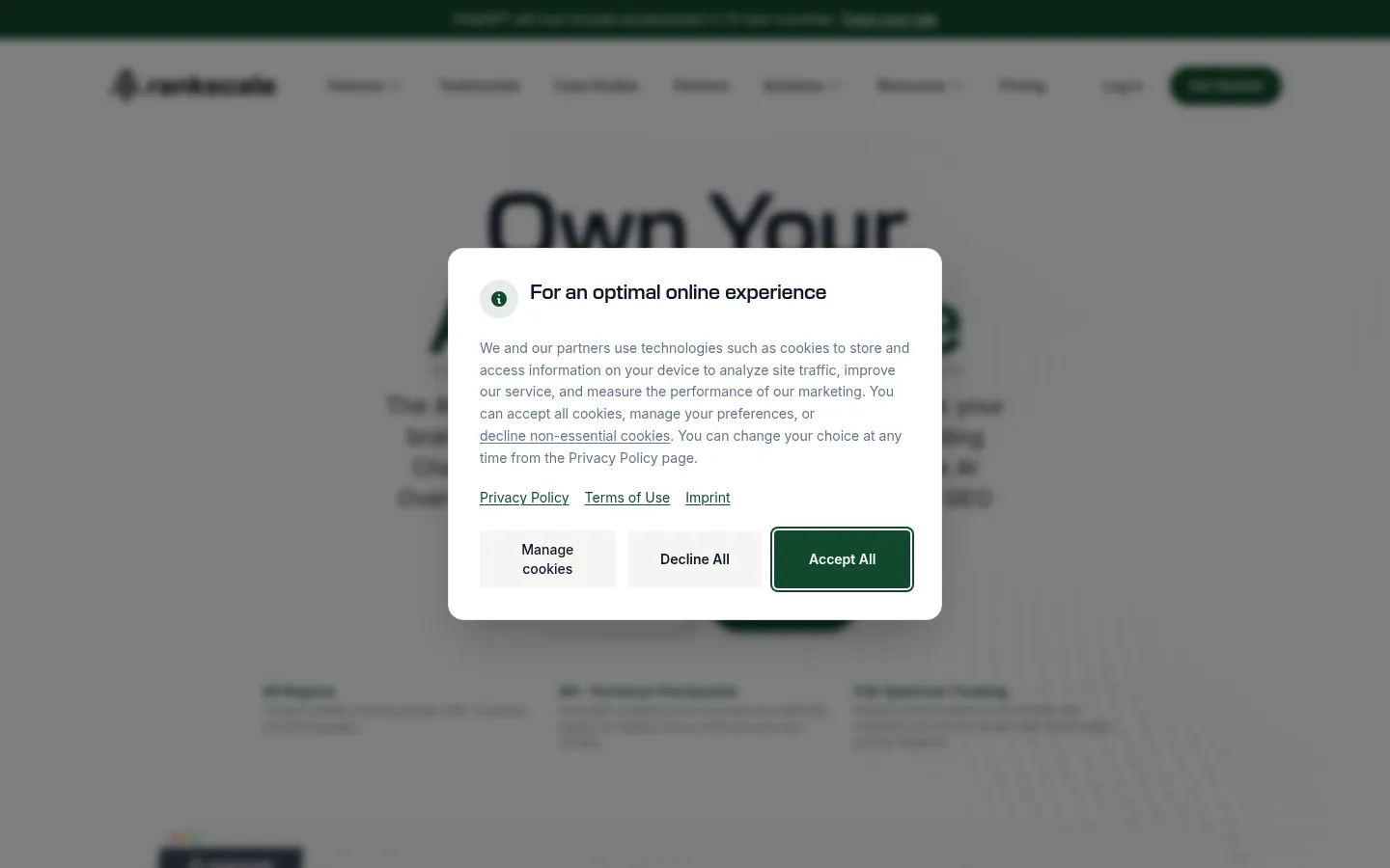 Rankscale homepage, AI search visibility analytics by region