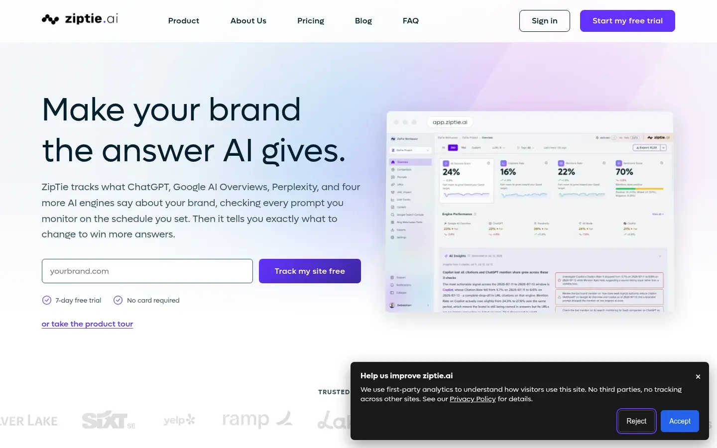 ZipTie homepage, prompt-based AI search tracking per project