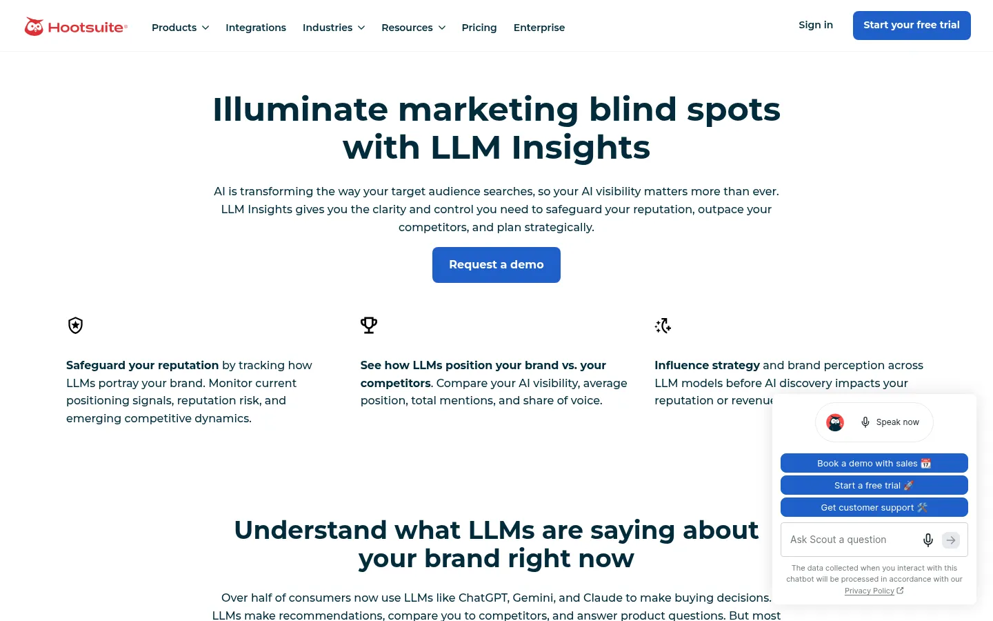 Hootsuite LLM Insights page, brand perception in LLM answers