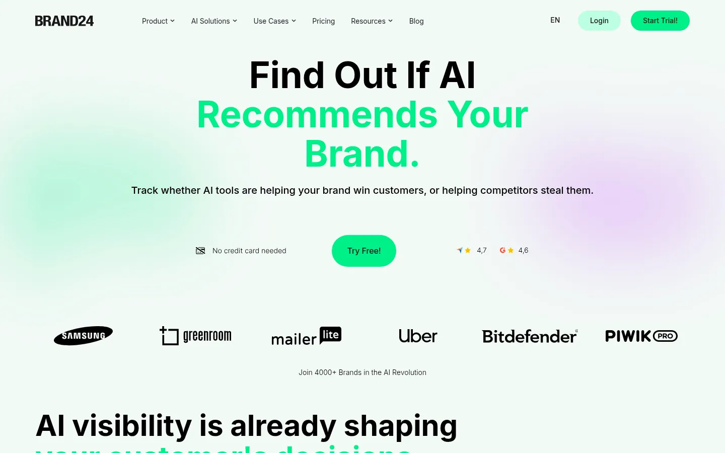 Brand24 AI visibility page, mentions and AI answers side by side