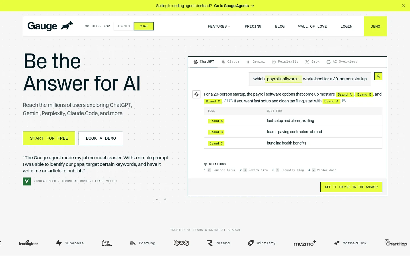 Gauge homepage, daily AI answer tracking with a content engine
